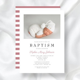 Modern Pink Stripes Elegant Girl Baptism Photo  Invitation