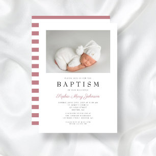 Modern Pink Stripes Elegant Girl Baptism Photo  Invitation