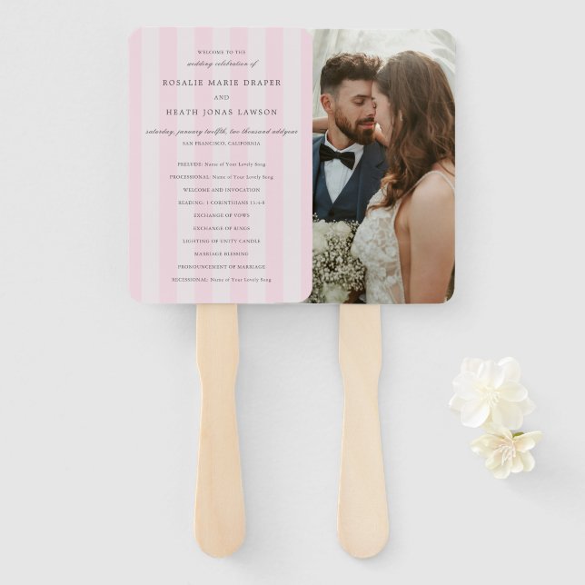 Modern Pink Stripes Elegant Wedding Program Hand Fan (Front and Back)