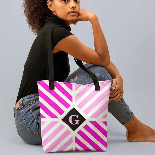 Modern Pink Stripes Initial Tote Bag (Creator Uploaded)