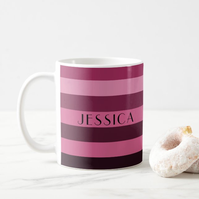 Modern Pink Stripes Pattern Name Coffee Mug (With Donut)