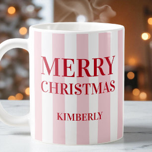 Modern Pink Stripes Personalised Merry Christmas Coffee Mug