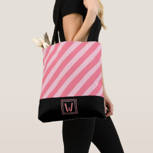 Modern Pink Stripes with Elegant Monogram Tote Bag