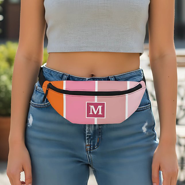 Modern pink Stripes with Monogram Bum Bags (girly pink stripes fanny pack with monogram)