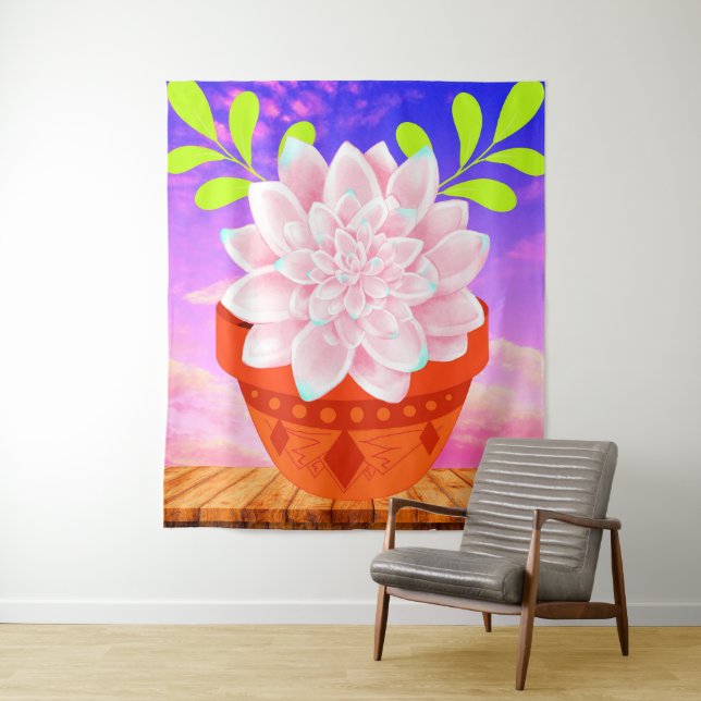 Modern Pink Succulent in a Pot - Abstract Flower Tapestry (In Situ)