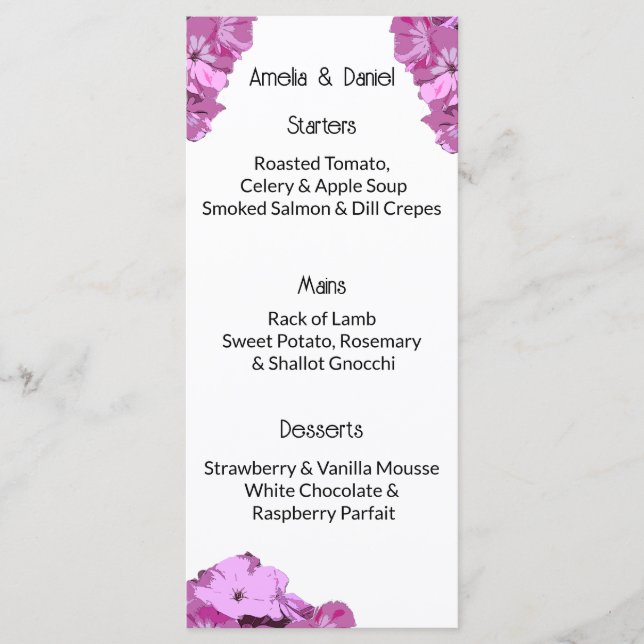 Modern Pink Summer Floral Wedding Menu Card (Front)