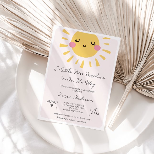 Modern Pink Sun Little Miss Sunshine Baby Shower Invitation (Sunshine Baby Shower Invitation Template, A Little Sunshine is on the way Baby Shower Invitation )