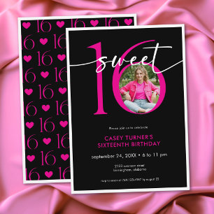 Modern Pink Sweet Sixteen Script Photo Birthday Invitation