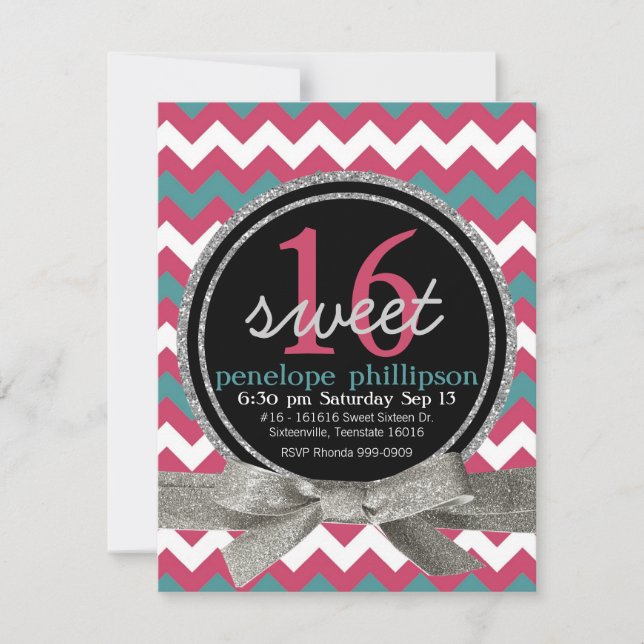 Modern Pink Teal Chevron Girly Sweet 16 Invitation (Front)