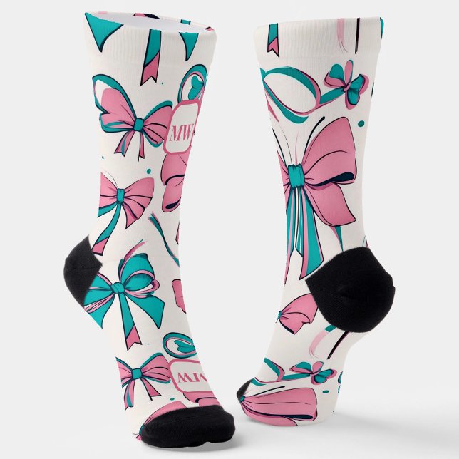 Modern pink teal cream bows monogram chic socks (Creator Uploaded)