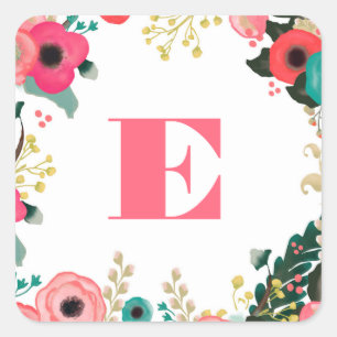 Modern Pink Teal Floral Monogram Wedding Square Sticker