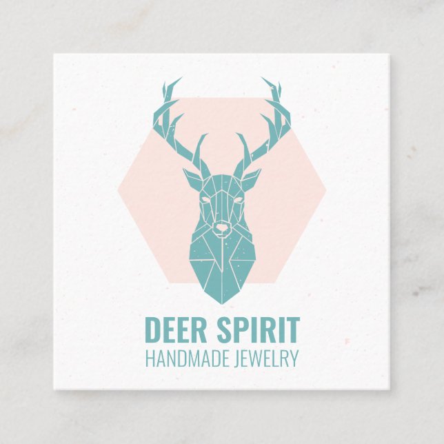Modern pink teal geometric deer antlers jewellery square business card (Front)