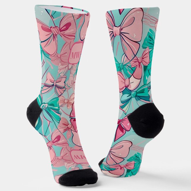 Modern pink teal large bows monogram chic socks (Creator Uploaded)