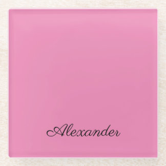 Modern Pink template,  Black Script  Glass Coaster