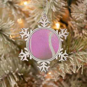 Modern Pink Tennis Ball With Faux Glitter Line Snowflake Pewter Christmas Ornament