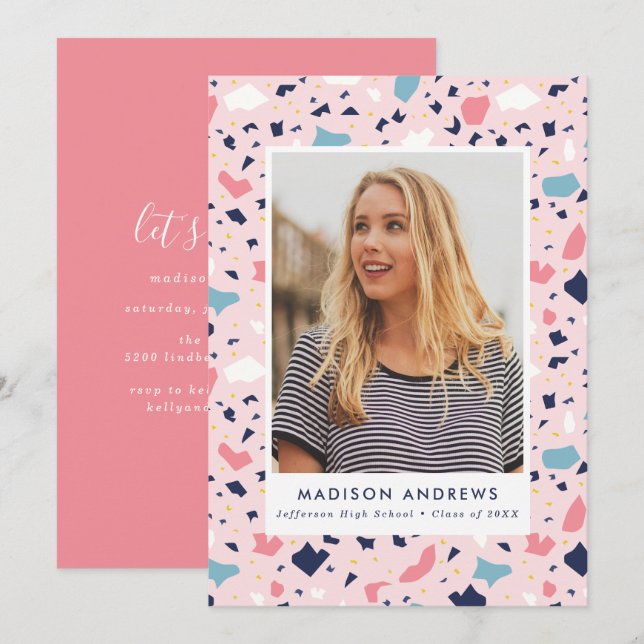 Modern Pink Terrazzo Photo Graduation Party Invitation (Front/Back)
