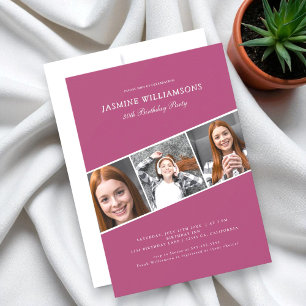 Modern pink three photo collage birthday invitation