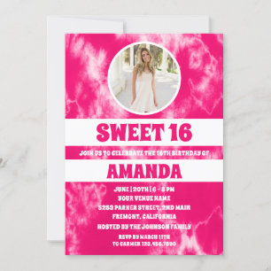 Modern pink Tie Dye Photo Sweet 16  Invitation