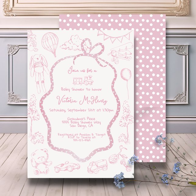 Modern Pink Toile de Jouy Baby Shower girl Invitation (Creator Uploaded)