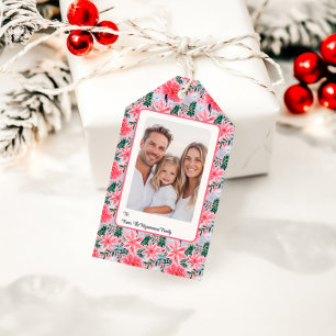 Modern Pink Tropical Christmas Flowers Photo Gift Tags