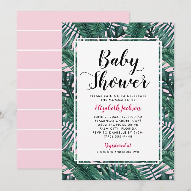 Modern Pink Tropical Palm Leaf Baby Shower Invitation (Front/Back)