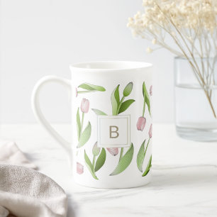 Modern Pink Tulip Flower Monogram Bone China Mug
