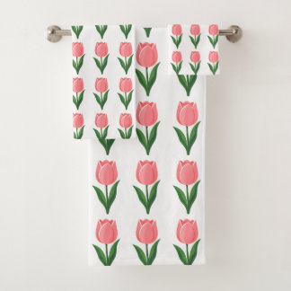 Modern Pink Tulip Flower Pattern on White Bath Towel Set