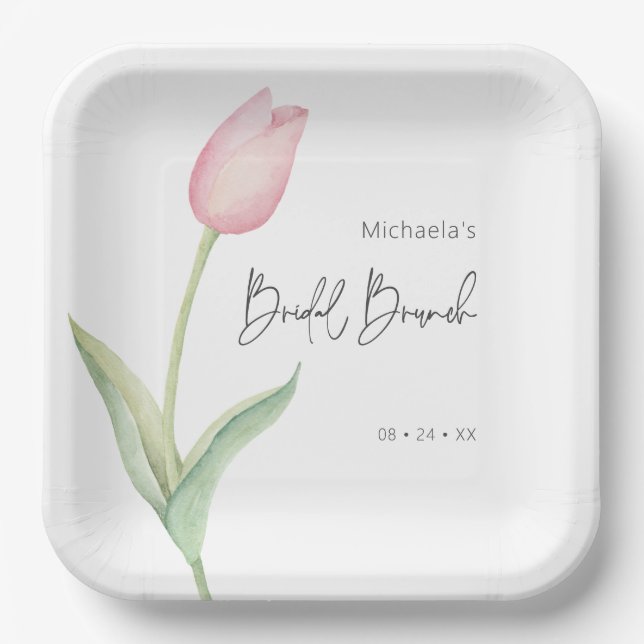 Modern Pink Tulip Solo Bridal Brunch Luncheon Paper Plate (Front)