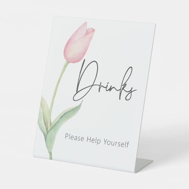 Modern Pink Tulip Solo Bridal Shower Drinks Pedestal Sign (Front)