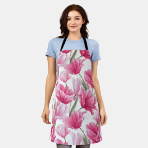 Modern Pink Tulip White Floral Pattern Apron