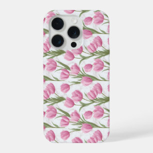 Modern Pink Tulip White Floral Pattern iPhone 15 Pro Case