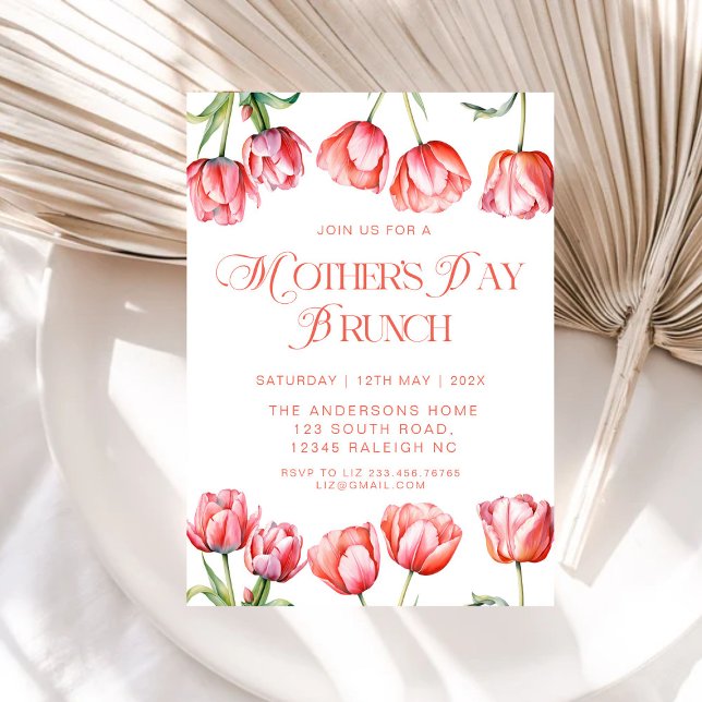 Modern Pink Tulips Floral Mothers Day Brunch Invitation (Creator Uploaded)
