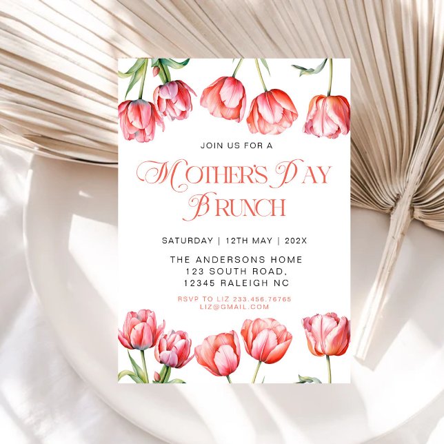 Modern Pink Tulips Floral Mothers Day Brunch Invitation (Creator Uploaded)