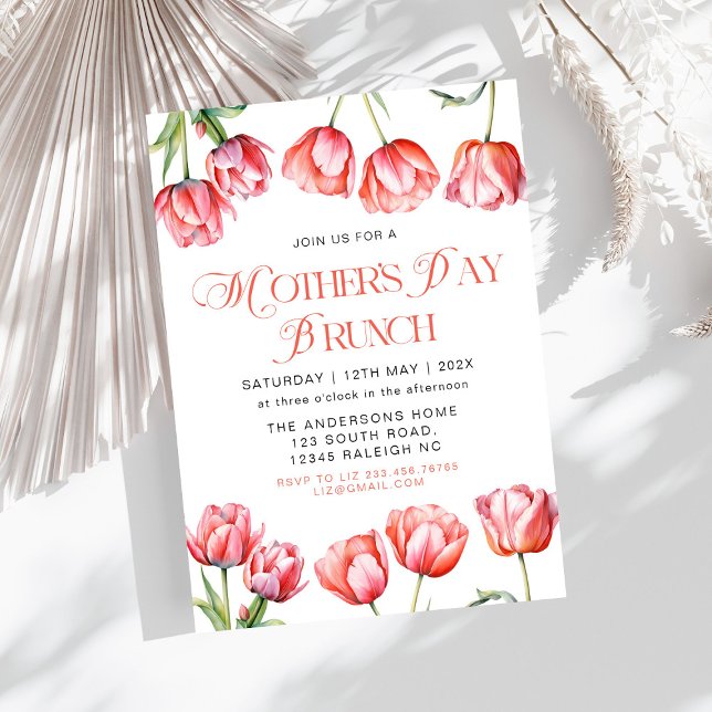 Modern Pink Tulips Floral Mothers Day Brunch Invitation (Creator Uploaded)