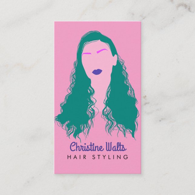 Modern Pink Turquoise Hair Styling Flat Design QR Business Card (Front)