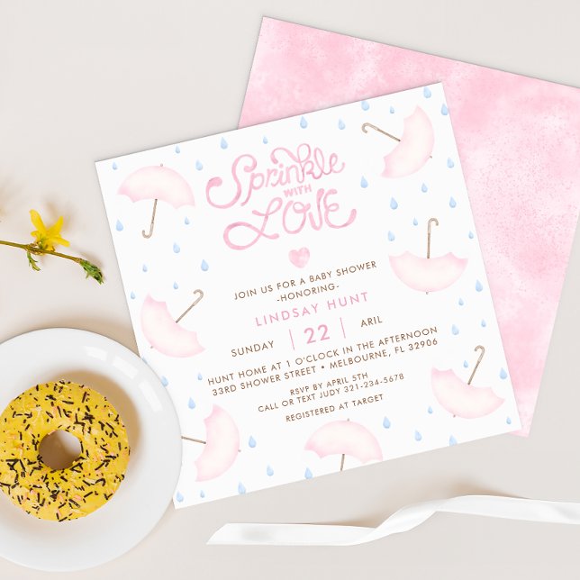 Modern Pink Typography Baby Shower Invitation (Cute Umbrellas - Baby Shower Invite)