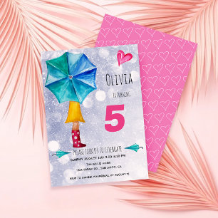 Modern Pink Umbrella Girl Watercolor Illustration Announcement