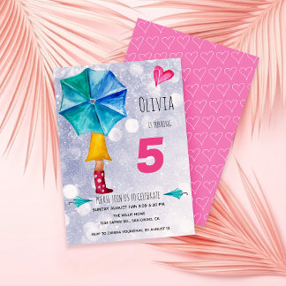 Modern Pink Umbrella Girl Watercolor Illustration Announcement