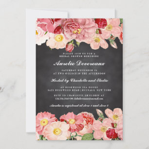 Modern Pink Vintage Roses Chalkboard Bridal Shower Invitation
