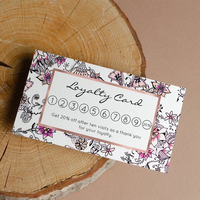 Modern pink violet black white floral illustration loyalty card (Modern pink violet black white floral illustration)