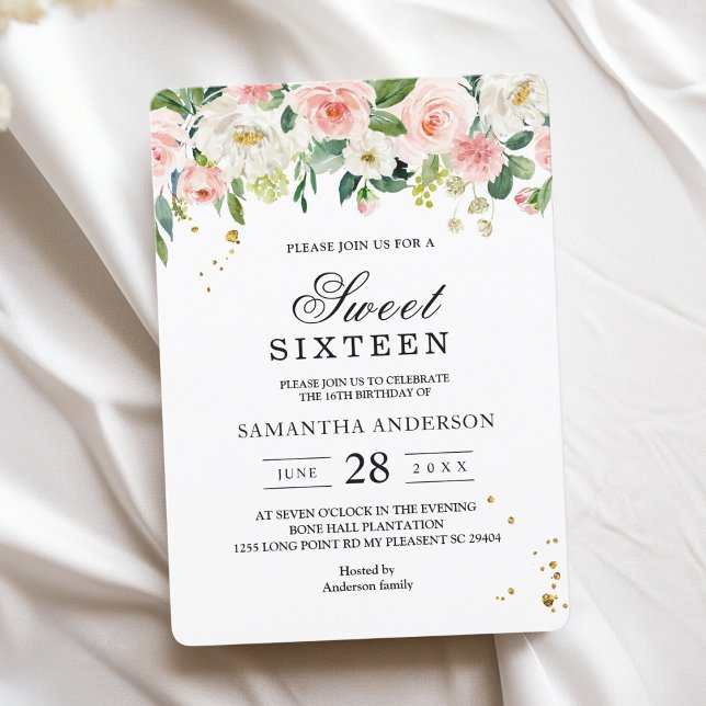 Modern Pink Watercolor Beauty Flowers & Gold Drops Invitation (Creator Uploaded)