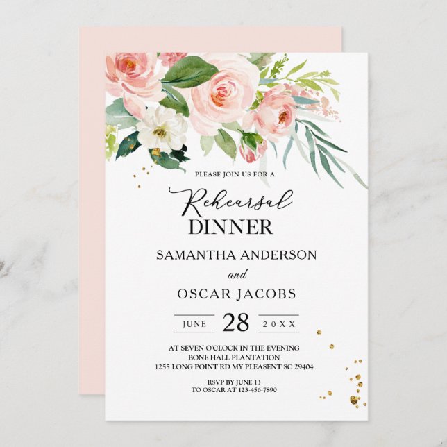 Modern Pink Watercolor Beauty Flowers & Leaves Invitation (Front/Back)