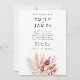 Modern Pink Watercolor Boho Pampas Wedding Invitation