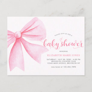 Modern Pink Watercolor Bow Ribbon Girl Baby Shower Postcard