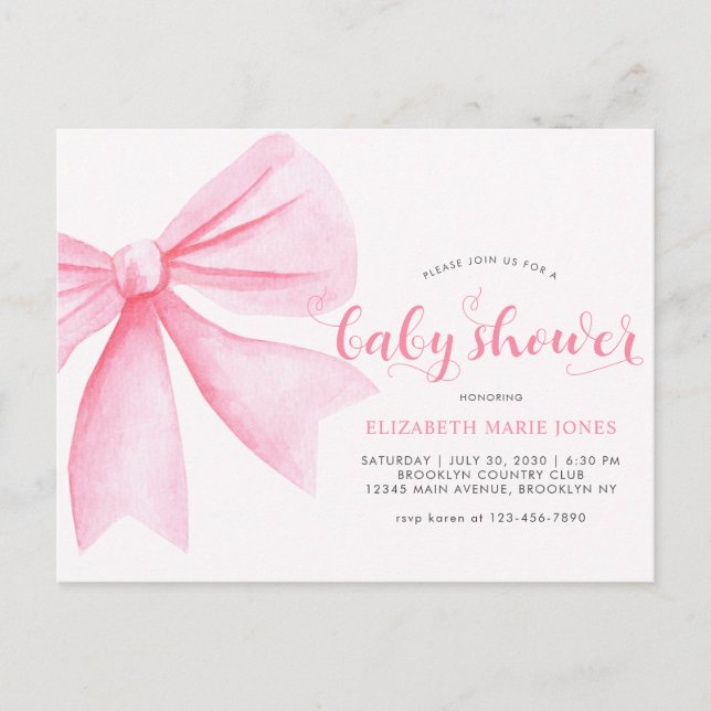 Modern Pink Watercolor Bow Ribbon Girl Baby Shower Postcard (Front)