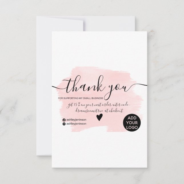 Modern pink watercolor brushstroke order thank you invitation (Front)