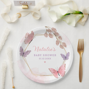 Modern Pink Watercolor Butterfly Girl Baby Shower Paper Plate