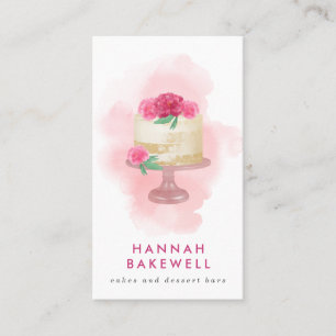 Modern Pink Watercolor Cake and Flowers Business Card