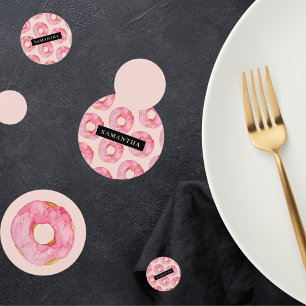 Modern Pink Watercolor Doughnuts Pattern With Name Confetti