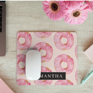Modern Pink Watercolor Doughnuts Pattern With Name Mouse Pad